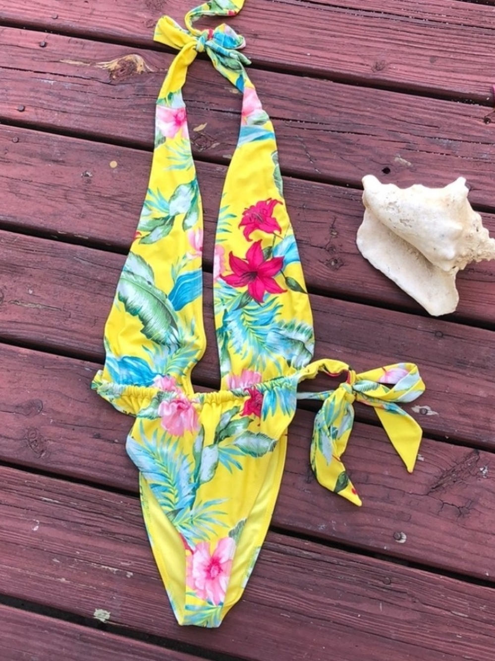 Forever 21 Yellow Tropical Floral Halter One-Piece Swimsuit